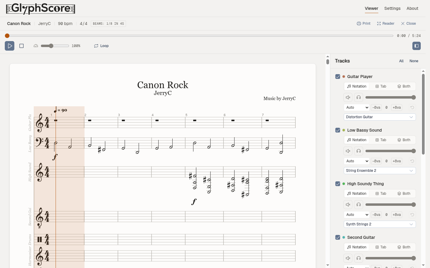 The GlyphScore viewer with a sample score open — notation, per-track mixer, transport, and tempo controls